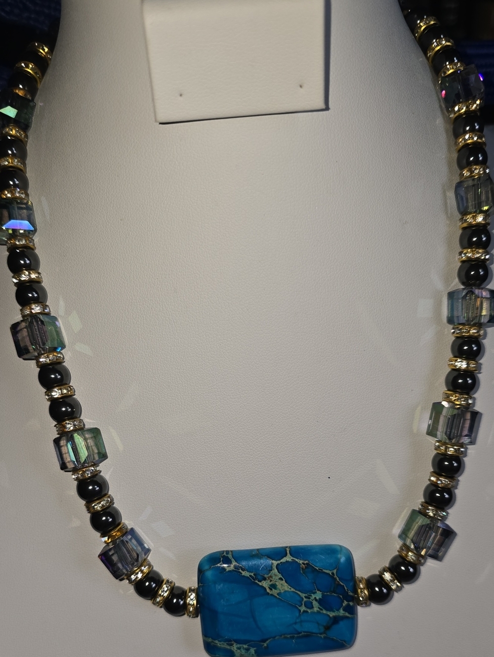 Turquoise Focal Bead Necklace with Iridescent Cube Accents - Women's Jewelry